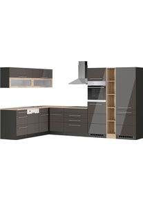 Winkelk&uuml;che KOCHSTATION "KS-Wien", grau (k&uuml;che: grau, front: hochglanz grau, korpus: grafit, arbeitsplatte: eiche sonoma), B:220cm H:200cm T:340cm, Komplettk&uuml;chen-Sets, Winkelk&uuml;che, Stellbreite 220 x 340 cm, wahlweise mit E-Ger&auml;ten