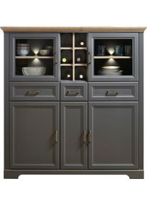 Highboard Innostyle "Jasmin", grau (graphitfarben, eichefarben), Holzwerkstoff graphitfarben (Korpus)/ MDF graphitfarben (Front)/MDF eichefarben (Absetzung), Holzwerkstoff, MDF, Sideboards, Highboard, 2 Glas-/Holzt&uuml;ren, 8 offene F&auml;cher, inkl. LED-Beleuchtung