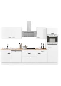 K&uuml;chenzeile Optifit "Elga", wei&szlig; (k&uuml;che: wei&szlig;, korpus: wei&szlig;, arbeitsplatte: eichefarben hell), B:330cm T:60cm, Komplettk&uuml;chen-Sets, K&uuml;chenzeile, Premium-K&uuml;che, Soft-Close-Funktion, gro&szlig;en Vollausz&uuml;gen, Breite 330 cm