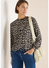 Langarmbluse Cecil, Damen, Gr. M (40), schwarz (raw khaki), Web, Obermaterial: 100% Viskose, gemustert, l&auml;ssig geschnitten h&uuml;ftbedeckend, Rundhals, Blusen Langarmbluse, mit Smock-Ausschnitt und grafischem Muster