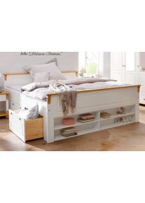Massivholzbett OTTO HOME "Tessin, Stauraumbett, Landhausstil, Schubladen optional, rustikal", wei&szlig; (wei&szlig;, honig), B:190cm H:85cm L:207cm, Betten, Massivholzbett, zertifizierte Kiefer, Kassetten-Optik, stabile Qualit&auml;t
