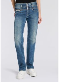 High-waist-Jeans Herrlicher "Raya New Straight Denim", Damen, Gr. 31, L&auml;nge 30, casper, Denim/Jeans, Obermaterial: 98% Baumwolle, 2% Elasthan, gerade lang, Jeans High-waist-Jeans, im Straight Fit, 3-Knopf-Verschluss