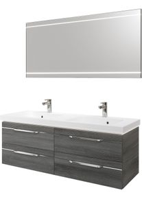 Badm&ouml;bel-Set SAPHIR "Balto 2-teilig Mineralmarmor-Doppelwaschtisch mit LED-Spiegel", grau (graphit struktur quer nachbildung mit chromeinlage), B:150cm H:200cm T:50,8cm, Holzwerkstoff, Kastenm&ouml;bel-Sets, Badm&ouml;bel-Set, Waschplatz 150 cm breit, 4 Schubladen, inkl. Schubladend&auml;mpfer