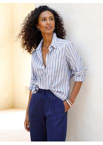 Langarmbluse Heine, Damen, Gr. 48, blau (ecru, jeansblau, gestreift), 80% Baumwolle, 20% Leinen, gemustert, gestreift, mehrfarbig, Blusen Langarmbluse