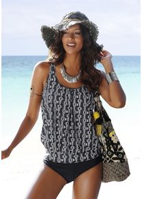Oversize-Tankini Lascana, Damen, Gr. 50, N-Gr, schwarz (schwarz, bedruckt), Polyamid, Rhombenmuster, Bikini-Sets Oversize-Tankini, bauchbedeckende Oversize-Form, bis D-Cup geeignet