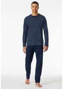 Schlafanzug Schiesser "Casual Essentials", Herren, Gr. 50, blau (801, admiral), Single Jersey, Obermaterial: 100% Baumwolle, gestreift, unifarben, bequem lang, Rundhals, Homewear-Sets Schlafanzug, mit Streifen