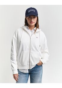 Kapuzensweatjacke Gant "SHIELD ZIP HOODIE", Damen, Gr. M, wei&szlig; (eggshell), Sweatware, Obermaterial: 87% Baumwolle, 13% Polyester, relaxed fit, Rippb&uuml;ndchen, Sweatjacken Kapuzensweatjacke, Grafische Gant-Stickerei auf der Brust