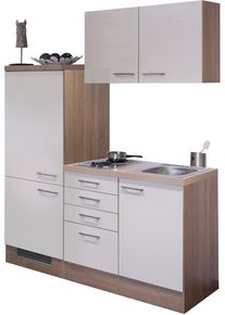 K&uuml;chenzeile Flex-Well "Nepal", beige (k&uuml;che: natur, front: kaschmir glanz, korpus: sonoma eiche, arbeitsplatte: sonoma eiche), B:160cm H:200cm T:60cm, Komplettk&uuml;chen-Sets, K&uuml;chenzeile, Gesamtbreite 160 cm, mit Einbau-K&uuml;hlschrank, Kochfeld und Sp&uuml;le etc.
