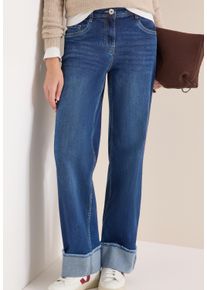 5-Pocket-Jeans Cecil "Style NEELE", Damen, Gr. 29, L&auml;nge 32, blau (mid blau used wash), Denim/Jeans, Obermaterial: 69% Baumwolle, 29% Polyester, 2% Elasthan. Futter: 52% Polyester, 48% Baumwolle, unifarben, loose fit lang, Jeans 5-Pocket-Jeans, Wide Leg Washed-Look Jeans mit Aufschlag