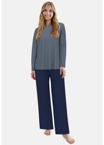 Loungeanzug Tom Tailor "Sitia", Damen, Gr. 46 (XXXL), blau (blau, mittel, uni), Obermaterial: 95% Baumwolle, 5% Elasthan, bequem normal, Rundhals, gerader Abschluss, Homewear-Sets Loungeanzug, Langarm, Rundhalsausschnitt, basic, leicht, Baumwollmix