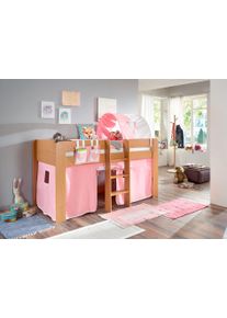 Hochbett Relita "Andi", rosa (buche dekor natur rosa, wei&szlig;), H:107cm, Spanplatte: Buche Nachbildung Melamin natur;Stoff: 100% Baumwolle (bei 30 C waschbar), Hochbetten, Hochbett, mit Rolllattenrost, Textil-Set und Leiter, pflegel. Dekor Oberfl&auml;che