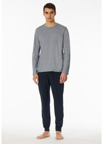 Schlafanzug Schiesser "Casual Essentials", Herren, Gr. 54, blau (804, nachtblau), Single Jersey, Obermaterial: 100% Baumwolle, unifarben, bequem lang, Rundhals, Homewear-Sets Schlafanzug, mit feinen, gestrickten Ringeln