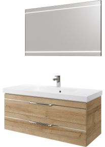 Badm&ouml;bel-Set SAPHIR "Balto 2-teilig Mineralmarmor-Waschtisch mit LED-Spiegel, 123 cm breit", braun (riviera eiche quer nachbildung mit chromeinlage), B:123cm H:200cm T:50,8cm, Holzwerkstoff, Kastenm&ouml;bel-Sets, Badm&ouml;bel-Set, Waschplatz mit 2 Schubladen, Badschrank inkl. Schubladend&auml;mpfer