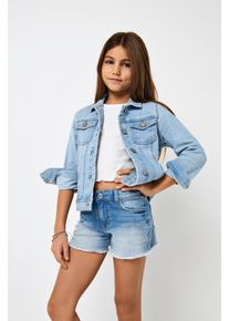 Jeansjacke KIDS Only "KONSARA", M&auml;dchen, Gr. 164, blau (light blau denim), Denim/Jeans, Obermaterial: 79% Baumwolle, 20% Polyester, 1% Elasthan, unifarben, regular fit taillenbedeckt, Manschette, Jacken Jeansjacke, in klassischer, leicht verk&uuml;rzter Form