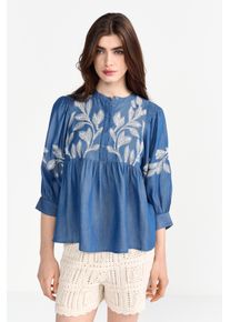 Langarmbluse RICHROYAL, Damen, Gr. 36, blau (denim blau), Web, Obermaterial: 100% Lyocell, bestickt, unifarben, l&auml;ssig geschnitten, Rundhals, eingesetzt B&uuml;ndchen, Blusen Langarmbluse, Mit Rundhalsausschnitt mit Stehkragen