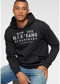 H.I.S. Kapuzensweatshirt H.I.S, Herren, Gr. S (44/46), schwarz, angeraute Sweatware, Obermaterial: 60% Baumwolle, 40% Polyester, bedruckt, normal, Rundhals, Rippb&uuml;ndchen, Sweatshirts Kapuzensweatshirt, mit Print und Badge, Kapuze, f&uuml;r sportliche Outfits