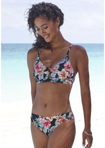 Triangel-Bikini-Top Lascana "Salsa", Damen, Gr. 40, Cup C/D, schwarz (schwarz bedruckt), Microfaser, Recycling-Polyamid, bedruckt, gebl&uuml;mt, Bikini-Oberteile Triangel-Bikini-Top, mit Zierring und tollem Blumenprint