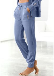 Loungehose BENCH. LOUNGEWEAR, Damen, Gr. 40/42, N-Gr, blau (jeans, meliert), Jersey, Obermaterial: 60% Baumwolle, 40% Polyester, meliert, unifarben, Basic, Basic lang, Hosen Loungehose, mit aufgesetzten Taschen, Loungewear, Topseller