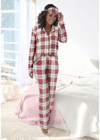 Schlafanzug Lascana, Damen, Gr. 44/46, rot (wei&szlig;, rot kariert), Single Jersey, Obermaterial: 100% Baumwolle, kariert, klassisch lang, V-Ausschnitt, eingesetzt Manschette, Homewear-Sets Schlafanzug, incl. Schlafmaske
