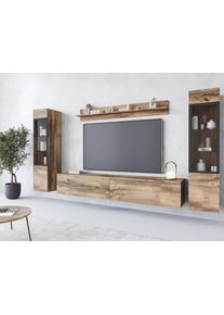 Wohnwand Home Affaire "VERA II", braun (votaneichefarben), B:260cm H:130cm T:33cm, Kastenm&ouml;bel-Sets, Wohnwand, Mediawand 260 cm, Vitrine mit Verglasung, stehend und h&auml;ngend