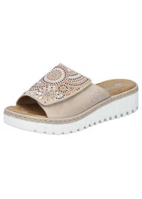 Pantolette Rieker, Damen, Gr. 37, beige (hellbeige), Lederimitat, kontrastfarbene Details, Schuhe Pantolette, Sommerschuh, Strandschuh, Hausschuh mit regulierbarem Klettverschluss, Topseller