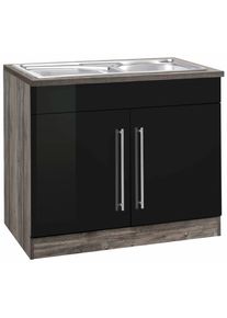 Sp&uuml;lenschrank KOCHSTATION "KS-Samos", schwarz (schwarz hochglanz, eiche vintage), B:100cm H:85cm T:60cm, Schr&auml;nke, Sp&uuml;lenschrank, 100 cm breit, inkl. Einbausp&uuml;le
