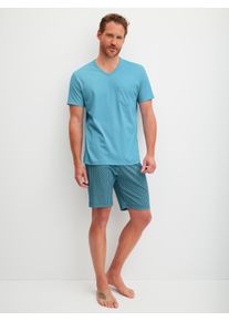 Shorty Calida "Relax Streamline 1", Damen, Gr. L (52/54), retro blau, Interlock, Obermaterial: 100% Baumwolle, bequem kurz, V-Ausschnitt, Homewear-Sets Shorty, weich, Interlock-Qualit&auml;t, kurze &Auml;rmel