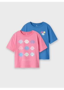 Kurzarmshirt name it "NMFJASSA 2P SS NREG TOP PB", M&auml;dchen, Gr. 122 (128), rosa (marinapack:w aurora pink), Jersey, Obermaterial: 100% Baumwolle, bedruckt, regular fit, Rundhals, Shirts Kurzarmshirt