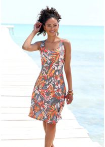 Strandkleid Lascana, Damen, Gr. 36, N-Gr, grau (grau bedruckt), Stoff, Obermaterial: 95% Polyester, 5% Elasthan, bedruckt, figurumspielend ca. Mitte Oberschenkel, Rundhals, Kleider Strandkleid, mit Zierb&auml;ndern hinten
