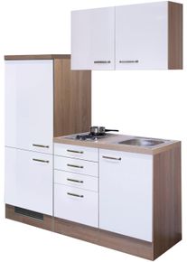 K&uuml;chenzeile Flex-Well "Florenz", wei&szlig; (k&uuml;che: wei&szlig;, front: hochglanz wei&szlig;, korpus: sonoma eiche, arbeitsplatte: sonoma eiche), B:160cm H:200cm T:60cm, Komplettk&uuml;chen-Sets, K&uuml;chenzeile, Gesamtbreite 160 cm, mit Einbau-K&uuml;hlschrank, Kochfeld und Sp&uuml;le etc.