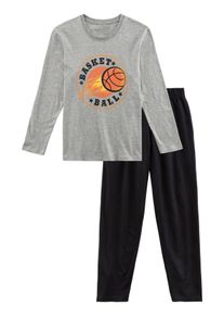 Pyjama AUTHENTIC LE JOGGER, Jungen, Gr. 158/164, grau (grau meliert, schwarz), Jersey, Obermaterial: 100% Baumwolle, meliert, unifarben, Basic, bequem lang, Rundhals, abgesteppte Kante, Homewear-Sets Pyjama, Schlafanzug mit Basketball-Aufdruck