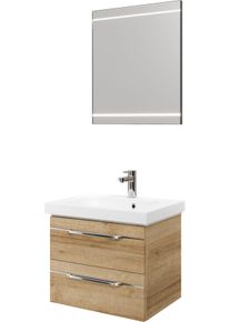Badm&ouml;bel-Set SAPHIR "Balto 2-teilig Mineralmarmor-Waschtisch mit LED-Spiegel, Waschplatz", braun (riviera eiche quer nachbildung mit chromeinlage), B:64,4cm H:200cm T:46cm, Holzwerkstoff, Kastenm&ouml;bel-Sets, Badm&ouml;bel-Set, 64,4 cm breit, mit 2 Schubladen, Badschrank inkl. Schubladend&auml;mpfer
