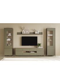 Wohnwand Home Affaire "Stranda, moderne Anbauwand, Komplettset im Scandi-Style", eukalyptus skandi eiche, B:339cm H:195cm T:39cm, Holzwerkstoff, Kastenm&ouml;bel-Sets, Wohnwand, enth&auml;lt zwei Vitrinen, Lowboard und Wandboard, 344 cm breit