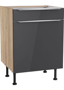 Unterschrank KOCHSTATION "KS-Aken", grau (anthrazit hochglanz, wildeiche nachbildung), B:60cm H:87cm T:58,4cm, Schr&auml;nke, Unterschrank