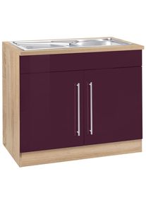 Sp&uuml;lenschrank KOCHSTATION "KS-Samos", lila (aubergine hochglanz, eiche sonoma), B:100cm H:85cm T:60cm, Schr&auml;nke, Sp&uuml;lenschrank, 100 cm breit, inkl. Einbausp&uuml;le