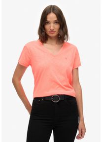 T-Shirt Superdry "STUDIOS SLUB EMB VEE TEE", Damen, Gr. XL, fluro coral, Single Jersey, Obermaterial: 60% Baumwolle, 40% Lyocell, unifarben, regular fit normal, V-Ausschnitt, Shirts T-Shirt, Baumwollmischung, relaxed fit