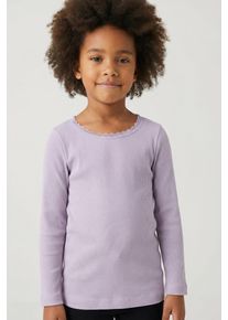 Langarmshirt name it "NMFKAB LS TOP NOOS", M&auml;dchen, Gr. 116, lavender gray, Feinripp, Obermaterial: 57% Baumwolle, 38% Modal, 5% Elasthan, unifarben, regular fit h&uuml;ftbedeckend, Rundhals, abgesteppte Kante, Shirts Langarmshirt, in Feinripp und mit s&uuml;&szlig;er Spitzenkante am Ausschnitt