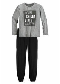 Pyjama AUTHENTIC LE JOGGER, Jungen, Gr. 134/140, schwarz (meliert, grau, schwarz), Jersey, Obermaterial: 100% Baumwolle, bedruckt, Basic, l&auml;ssig geschnitten lang, Rundhals, abgesteppte Kante, Homewear-Sets Pyjama, Schlafanzug mit Spruch "Ich chille bitte warten"