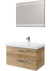 Badm&ouml;bel-Set SAPHIR "Balto 2-teilig Mineralmarmor-Waschtisch mit LED-Spiegel, Waschplatz", braun (riviera eiche quer nachbildung mit chromeinlage), B:92cm H:200cm T:50,8cm, Holzwerkstoff, Kastenm&ouml;bel-Sets, Badm&ouml;bel-Set, 92 cm breit, mit 2 Schubladen, Badschrank inkl. Schubladend&auml;mpfer