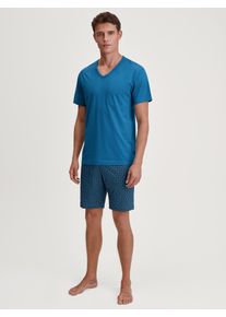 Shorty Calida "Relax Imprint 2", Damen, Gr. S (46/48), blau (nordic), Single Jersey, Obermaterial: 100% Baumwolle, bequem kurz, V-Ausschnitt, Homewear-Sets Shorty, V-Ausschnitt, Brusttasche, Kurzarm, Single Jersey Qualit&auml;t