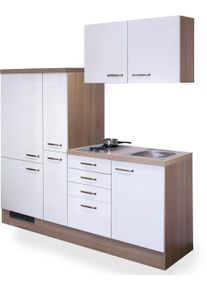 K&uuml;chenzeile Flex-Well "Florenz", beige (k&uuml;che: wei&szlig;, front: hochglanz wei&szlig;, korpus: sonoma eiche, arbeitsplatte: sonoma eiche), B:190cm H:200cm T:60cm, Komplettk&uuml;chen-Sets, K&uuml;chenzeile, Gesamtbreite 190 cm, mit Apothekerschrank, mit Einbau-K&uuml;hlschrank etc.