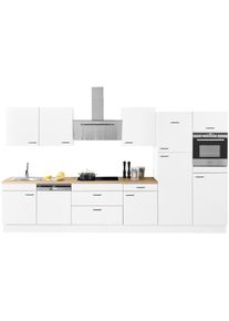 K&uuml;chenzeile Optifit "Elga", wei&szlig; (k&uuml;che: wei&szlig;, korpus: wei&szlig;, arbeitsplatte: eichefarben hell), B:390cm T:60cm, Komplettk&uuml;chen-Sets, K&uuml;chenzeile, Premium-K&uuml;che, Soft-Close-Funktion, gro&szlig;en Vollausz&uuml;gen, Breite 390 cm