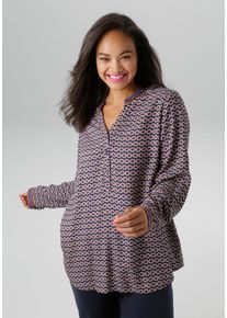 Schlupfbluse ANISTON PLUS, Damen, Gr. 54, blau (marine, braun, beige), Web, Obermaterial: 100% Viskose, bedruckt, gemustert, l&auml;ssig geschnitten Po-bedeckend, V-Ausschnitt, 1-Knopf-Manschette, Blusen Schlupfbluse, extravaganter, graphischer Druck