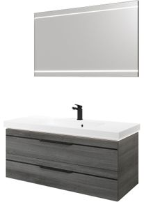 Badm&ouml;bel-Set SAPHIR "Balto 2-teilig Mineralmarmor-Waschtisch mit LED-Spiegel, 123 cm breit", grau (graphit struktur quer nachbildung mit schwarzer einlage), B:123cm H:200cm T:50,8cm, Holzwerkstoff, Kastenm&ouml;bel-Sets, Badm&ouml;bel-Set, Waschplatz mit 2 Schubladen, Badschrank inkl. Schubladend&auml;mpfer