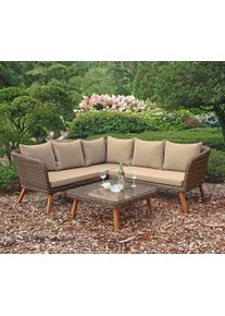 Garten-Essgruppe Garden Pleasure "PAMPLONA", braun (anisbraun, braun, braun), B:180cm H:75cm T:180cm, Aluminium, FSC-zertifiziertes Massivholz, Glas, Polyrattan, Sitzm&ouml;bel-Sets, Garten-Essgruppe, mit bequemer Polsterung
