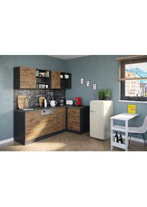 K&uuml;che KOCHSTATION "KS-Mali", braun (k&uuml;che: natur, front: wotaneiche, korpus: grau, arbeitsplatte: anthrazit), B:210cm H:200cm T:60cm, Komplettk&uuml;chen-Sets, K&uuml;che, Stellbreite 210/110 cm, mit E-Ger&auml;ten