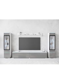 Wohnwand Home Affaire "VERA II", grau (wei&szlig;, grau hochglanz), B:260cm H:130cm T:33cm, Kastenm&ouml;bel-Sets, Wohnwand, Vitrine mit Verglasung, stehend und h&auml;ngend, inklusive Beleuchtung