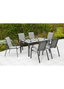 Garten-Essgruppe Merxx "Amalfi", grau (anthrazit, anthrazit, grafit), Polyester, Aluminium, Polyester, Sicherheitsglas, Sitzm&ouml;bel-Sets, Garten-Essgruppe, 6 Sessel, stapelbar, Tisch 90x150 cm