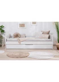 Funktionsbett Ticaa "Melinda, Daybett, Jugendbett, 2 Schlafpl&auml;tze, Schublade auf Rollen", wei&szlig; (kiefer massiv wei&szlig;), B:96cm L:204cm, Daybetten, Funktionsbett, FSC-zertifizierte Kiefer, 2 Rollroste, Massivholz