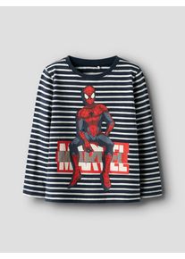 Langarmshirt name it "NMMODYS SPIDER LS NREG TOP MAR", Jungen, Gr. 98, navy blazer, Jersey, Obermaterial: 95% Baumwolle, 5% Elasthan, bedruckt, Rundhals, Shirts Langarmshirt